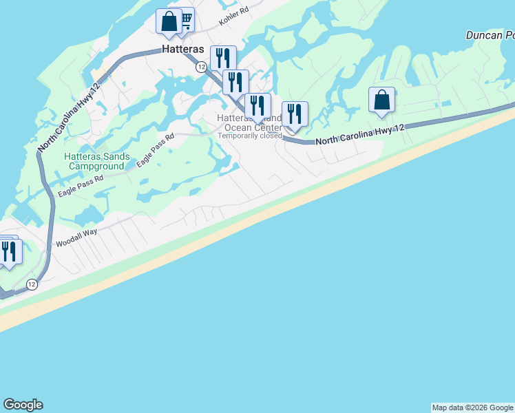 map of restaurants, bars, coffee shops, grocery stores, and more near 57175 Lighthouse Road in Hatteras