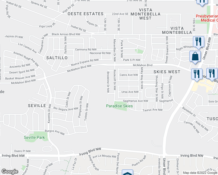 map of restaurants, bars, coffee shops, grocery stores, and more near 10616 Brookline Drive Northwest in Albuquerque
