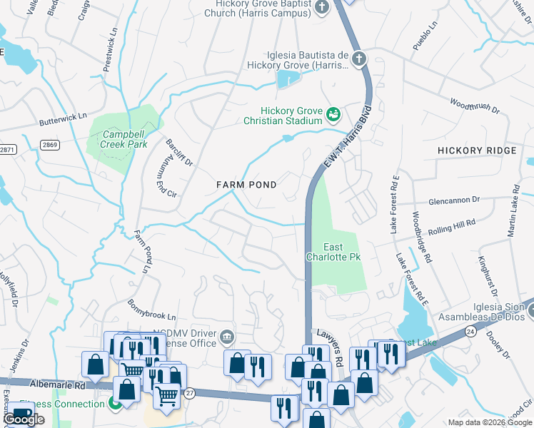 map of restaurants, bars, coffee shops, grocery stores, and more near 7312 Barcliff Drive in Charlotte