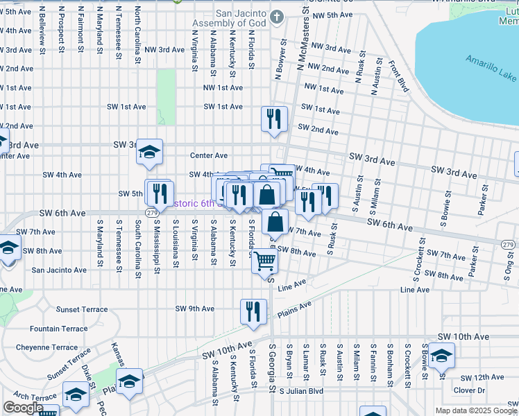 map of restaurants, bars, coffee shops, grocery stores, and more near 2701 Southwest 6th Avenue in Amarillo