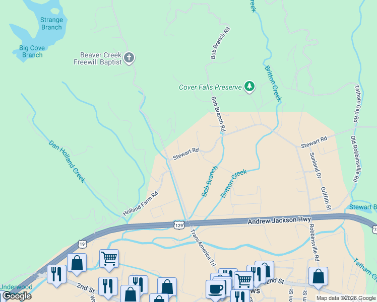 map of restaurants, bars, coffee shops, grocery stores, and more near 65 Stewart Road in Andrews