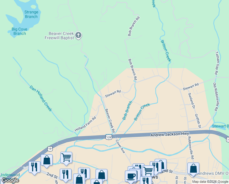 map of restaurants, bars, coffee shops, grocery stores, and more near 65 Stewart Road in Andrews