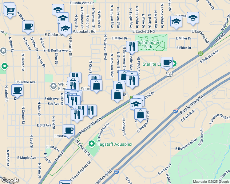 map of restaurants, bars, coffee shops, grocery stores, and more near 2718 East Lakin Drive in Flagstaff