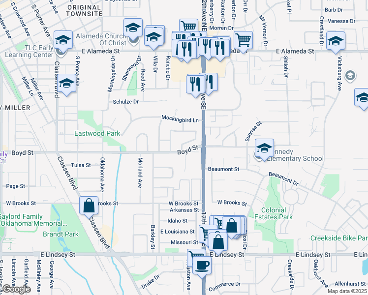 map of restaurants, bars, coffee shops, grocery stores, and more near 1325 Dustin Drive in Norman