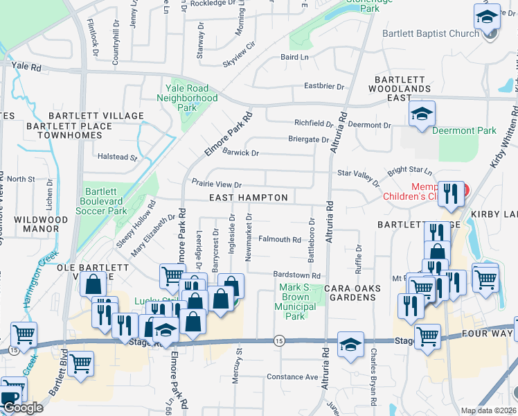 map of restaurants, bars, coffee shops, grocery stores, and more near 6344 Rockbridge Cove in Bartlett