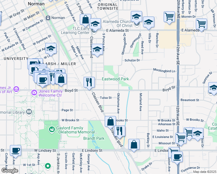 map of restaurants, bars, coffee shops, grocery stores, and more near 612 Boyd Street in Norman