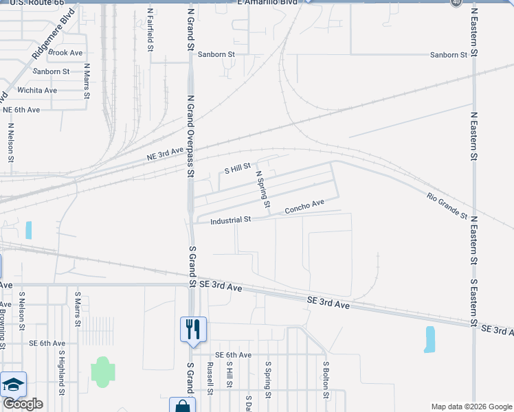 map of restaurants, bars, coffee shops, grocery stores, and more near 3645 Industrial Street in Amarillo