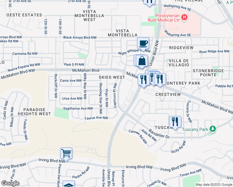 map of restaurants, bars, coffee shops, grocery stores, and more near 10628 Capricorn Place Northwest in Albuquerque