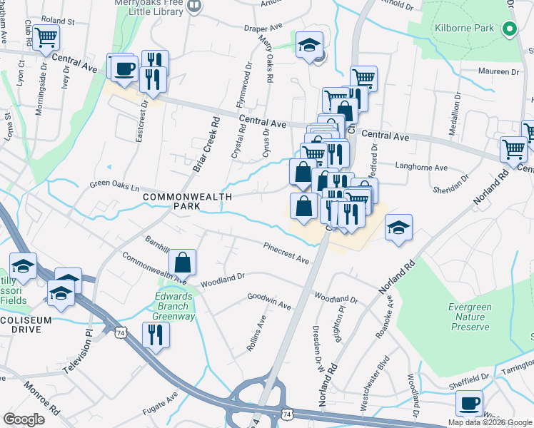 map of restaurants, bars, coffee shops, grocery stores, and more near 1441 Pinecrest Avenue in Charlotte