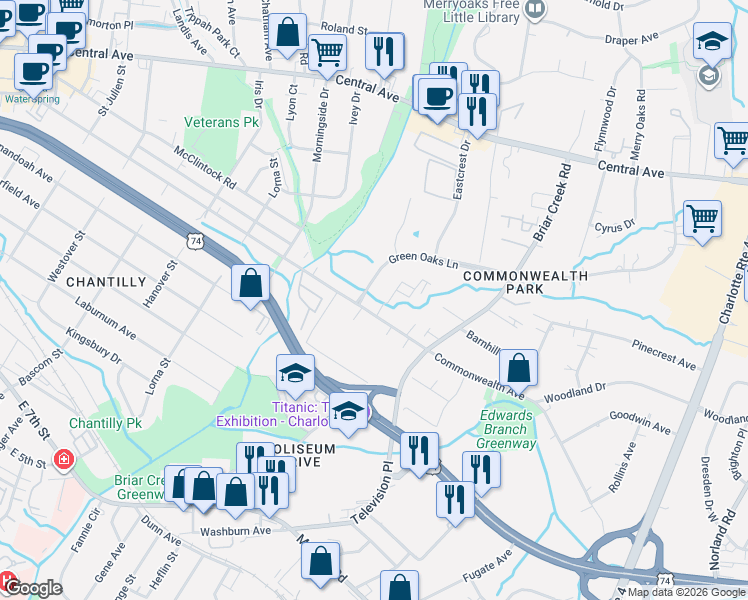 map of restaurants, bars, coffee shops, grocery stores, and more near 1210 Green Oaks Lane in Charlotte