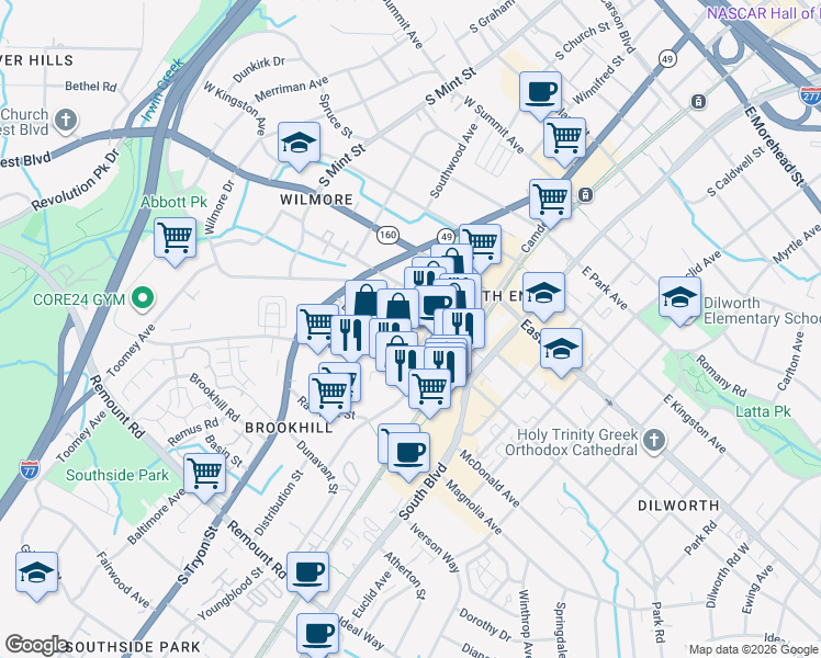 map of restaurants, bars, coffee shops, grocery stores, and more near 200 West Tremont Avenue in Charlotte