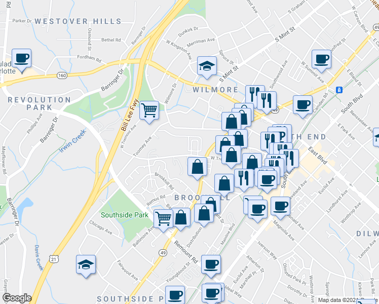 map of restaurants, bars, coffee shops, grocery stores, and more near 421 West Tremont Avenue in Charlotte