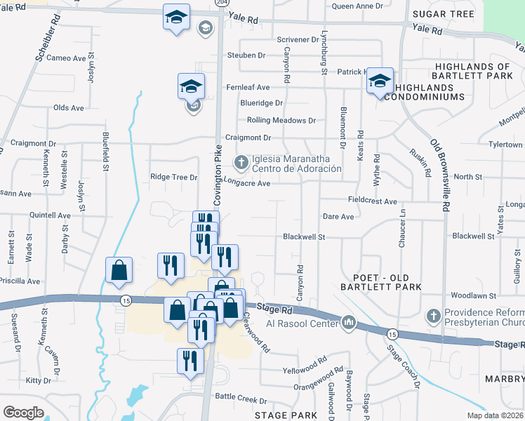 map of restaurants, bars, coffee shops, grocery stores, and more near 5139 Kemel Lane in Memphis