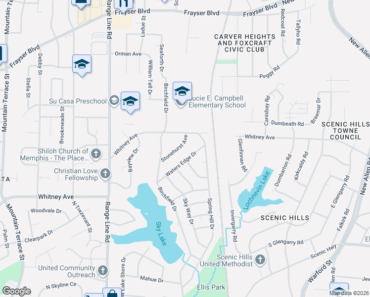 map of restaurants, bars, coffee shops, grocery stores, and more near 2858 Waters Edge Road in Memphis