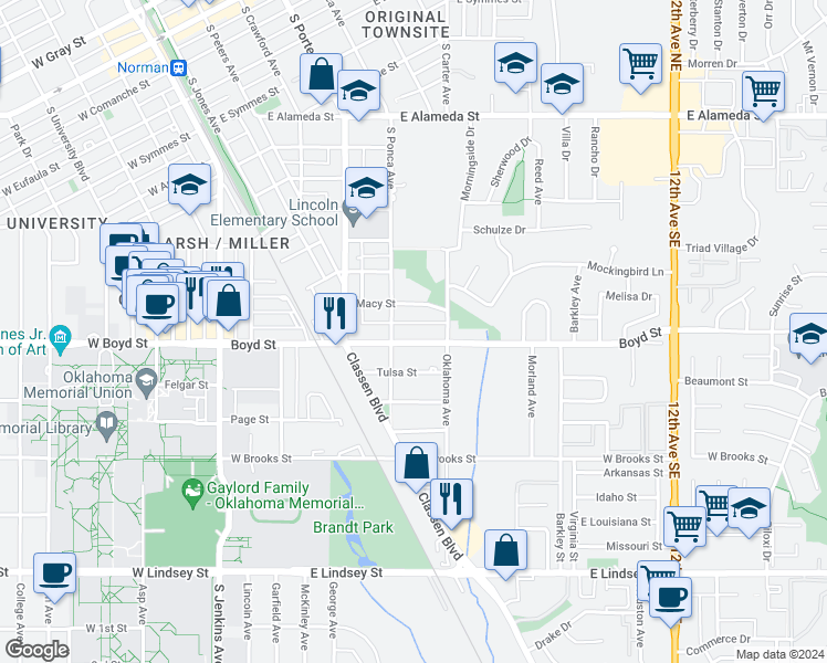 map of restaurants, bars, coffee shops, grocery stores, and more near 619 East Boyd Street in Norman