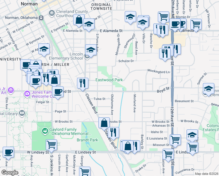 map of restaurants, bars, coffee shops, grocery stores, and more near 631 East Boyd Street in Norman