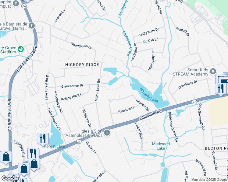 map of restaurants, bars, coffee shops, grocery stores, and more near 7916 Glencannon Drive in Charlotte