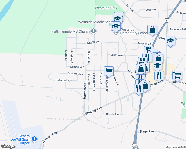 map of restaurants, bars, coffee shops, grocery stores, and more near 3130 Sinclair Street in Memphis