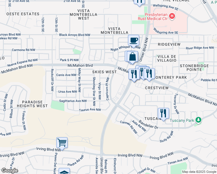 map of restaurants, bars, coffee shops, grocery stores, and more near 10628 Capricorn Place Northwest in Albuquerque