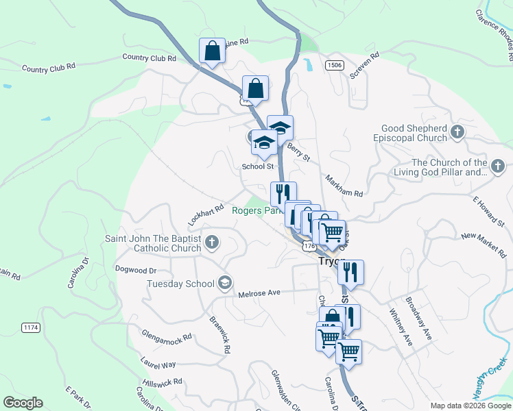 map of restaurants, bars, coffee shops, grocery stores, and more near 55 West Howard Street in Tryon