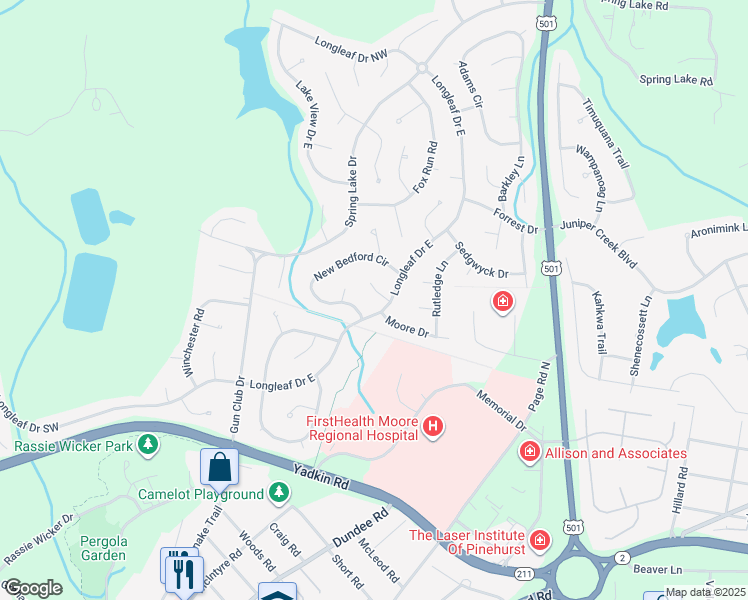 map of restaurants, bars, coffee shops, grocery stores, and more near 1720 Longleaf Drive East in Pinehurst