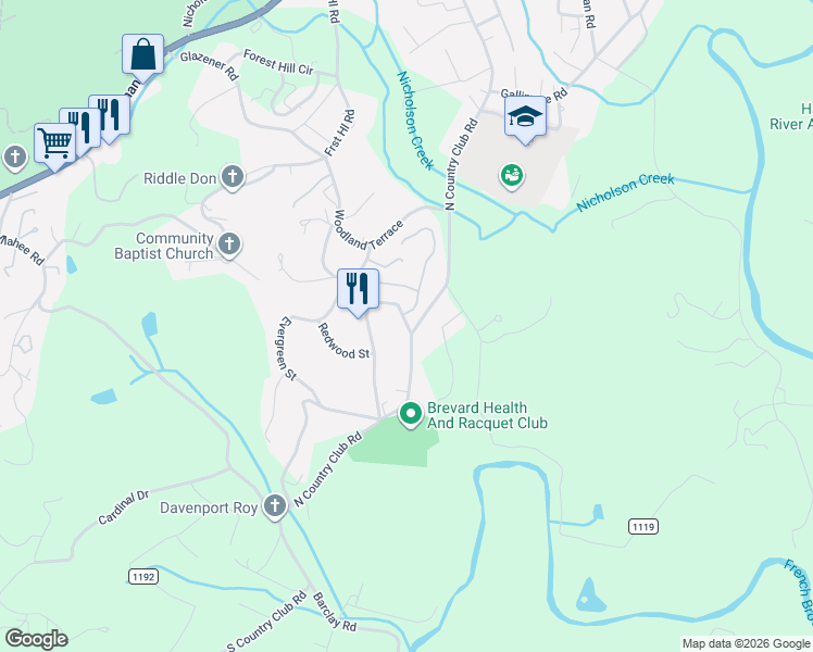 map of restaurants, bars, coffee shops, grocery stores, and more near 1119 North Country Club Road in Brevard