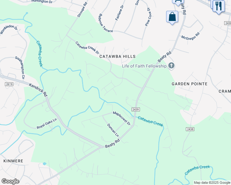 map of restaurants, bars, coffee shops, grocery stores, and more near Rocky Vista Court in Gastonia