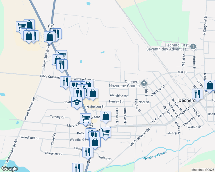 map of restaurants, bars, coffee shops, grocery stores, and more near 297 Sunshine Circle in Decherd