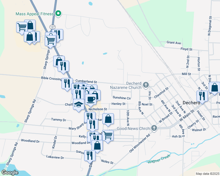 map of restaurants, bars, coffee shops, grocery stores, and more near 337 Sunshine Circle in Decherd