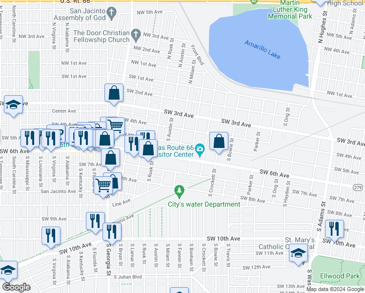 map of restaurants, bars, coffee shops, grocery stores, and more near 2009 Southwest 5th Avenue in Amarillo