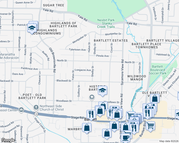 map of restaurants, bars, coffee shops, grocery stores, and more near 5674 Fieldcrest Avenue in Bartlett
