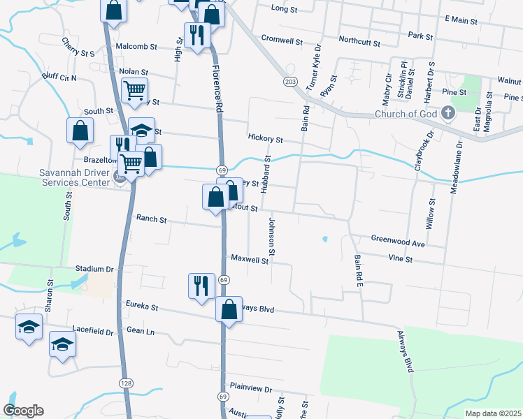 map of restaurants, bars, coffee shops, grocery stores, and more near 1900 Stout Street in Savannah