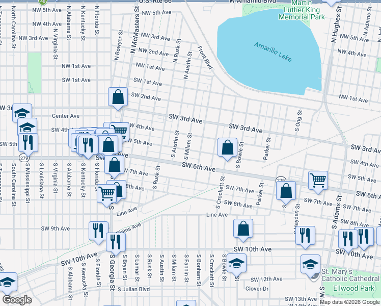 map of restaurants, bars, coffee shops, grocery stores, and more near 501 South Fannin Street in Amarillo