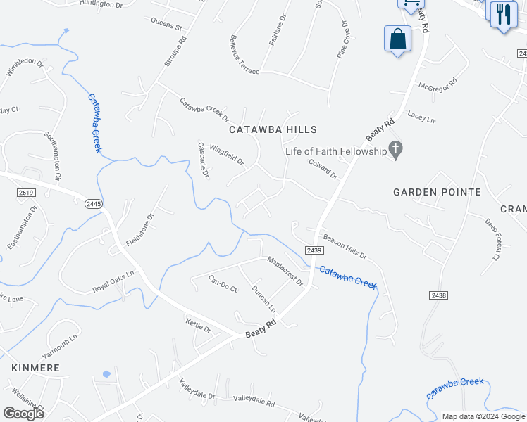 map of restaurants, bars, coffee shops, grocery stores, and more near 4031 Rocky Vista Court in Gastonia