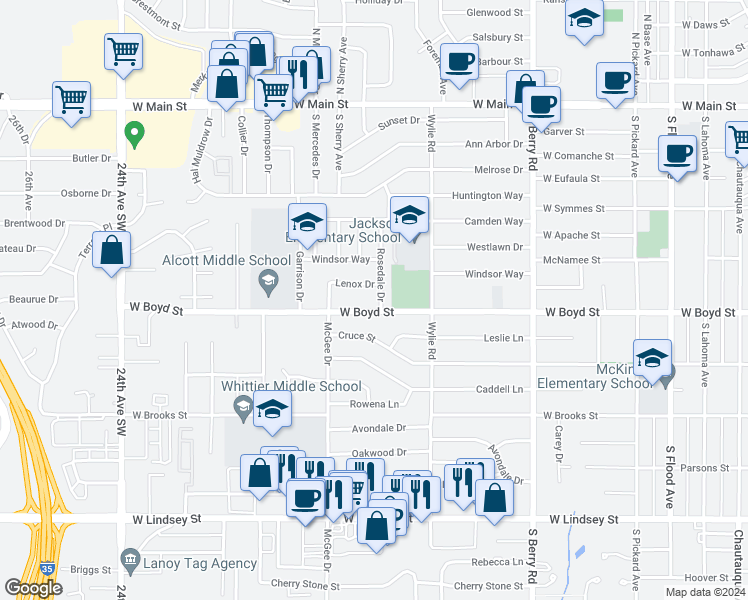 map of restaurants, bars, coffee shops, grocery stores, and more near 620 Rosedale Drive in Norman