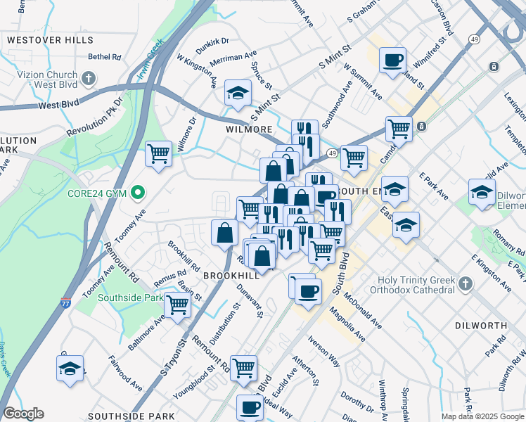 map of restaurants, bars, coffee shops, grocery stores, and more near 335 Doggett Street in Charlotte