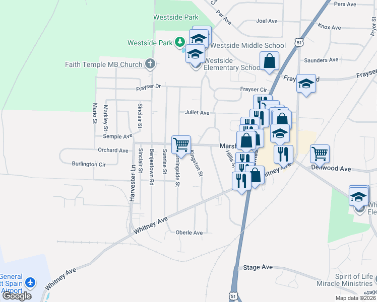 map of restaurants, bars, coffee shops, grocery stores, and more near 3126 Kingston Street in Memphis