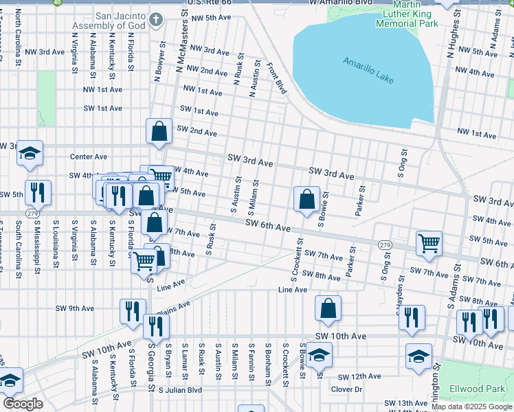 map of restaurants, bars, coffee shops, grocery stores, and more near 501 South Fannin Street in Amarillo