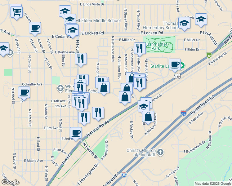 map of restaurants, bars, coffee shops, grocery stores, and more near 2718 East Lakin Drive in Flagstaff