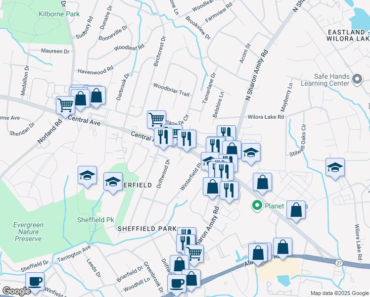 map of restaurants, bars, coffee shops, grocery stores, and more near 4930 Central Avenue in Charlotte