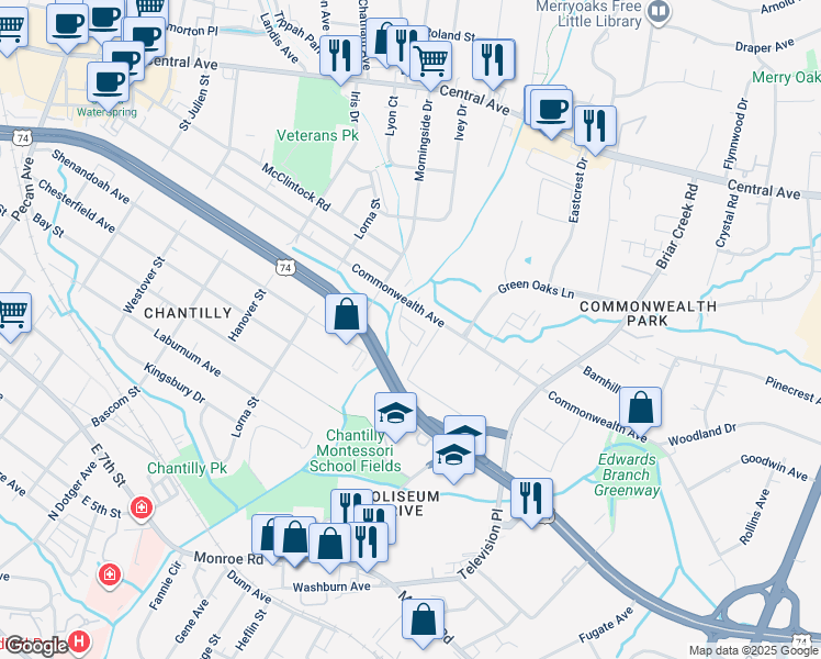 map of restaurants, bars, coffee shops, grocery stores, and more near 2734 Commonwealth Avenue in Charlotte