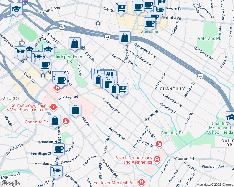 map of restaurants, bars, coffee shops, grocery stores, and more near 2108 East 7th Street in Charlotte