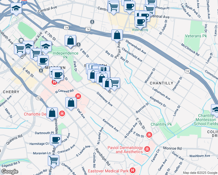 map of restaurants, bars, coffee shops, grocery stores, and more near 2108 East 7th Street in Charlotte
