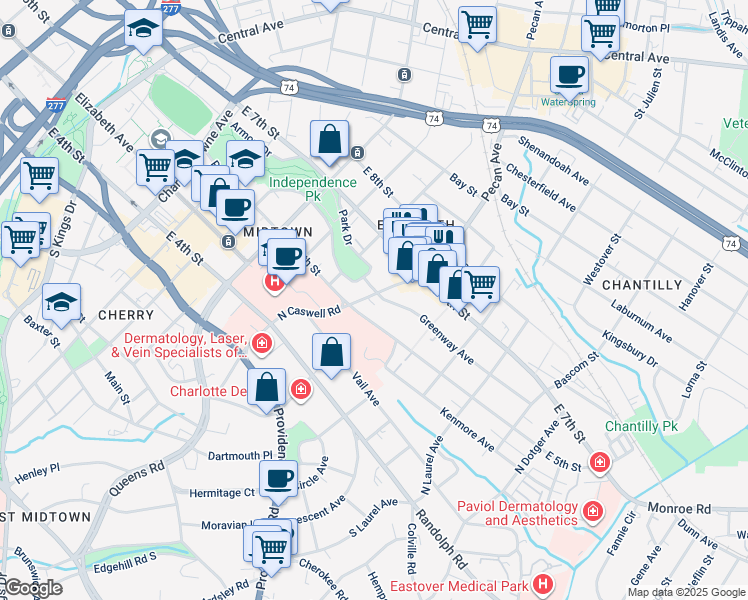 map of restaurants, bars, coffee shops, grocery stores, and more near 2025 East 5th Street in Charlotte
