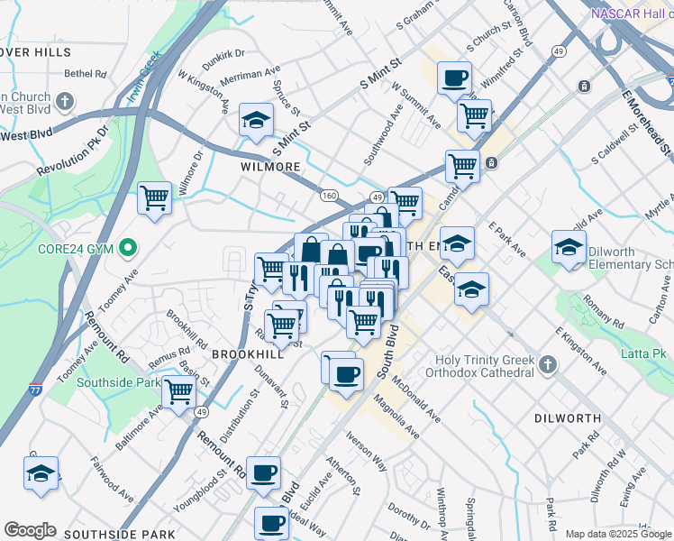 map of restaurants, bars, coffee shops, grocery stores, and more near 200 West Tremont Avenue in Charlotte