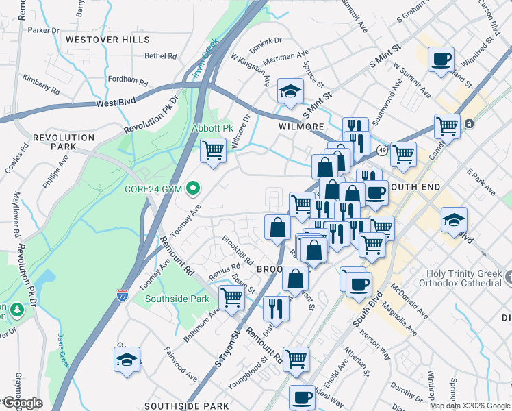 map of restaurants, bars, coffee shops, grocery stores, and more near in Charlotte