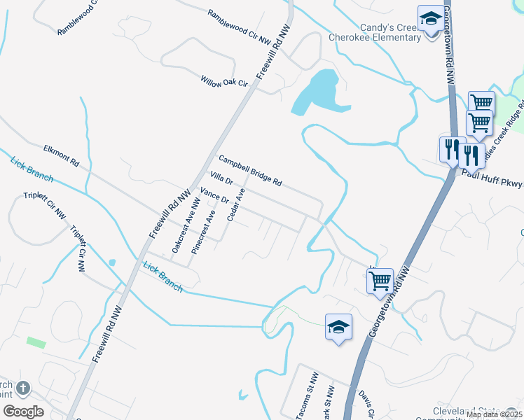 map of restaurants, bars, coffee shops, grocery stores, and more near 2561 Vance Drive in Cleveland