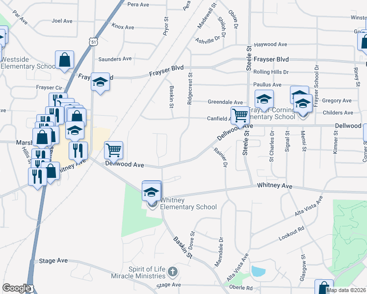 map of restaurants, bars, coffee shops, grocery stores, and more near 3131 Ridgecrest Street in Memphis