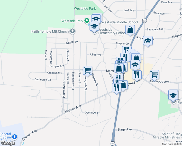 map of restaurants, bars, coffee shops, grocery stores, and more near 3126 Kingston Street in Memphis