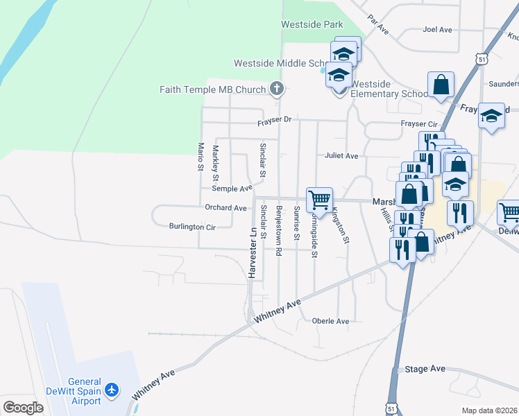 map of restaurants, bars, coffee shops, grocery stores, and more near 3130 Sinclair Street in Memphis